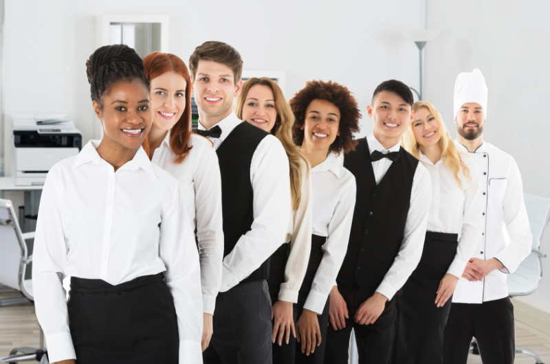Eine Gruppe von Personal laecheln in ihren Uniformen in die Kamera